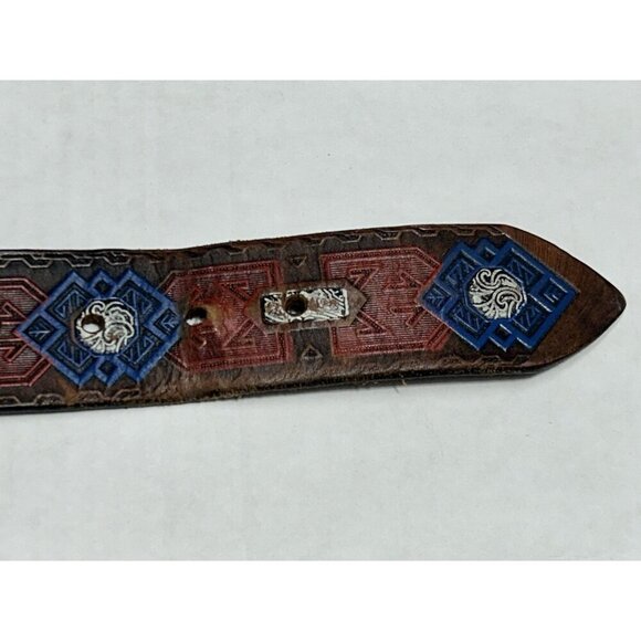 Western Saddle Leather Belt 32 Hand Painted Tooled Embossed Aztec Brass Buckle - Picture 10 of 14